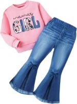 Toddler Girl Clothes Long Sleeve Cartoon & Letter Graphic Top + Fruit Stationery Print Flared Leg Pants - Image 2