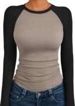 Trendy Queen Women's Long Sleeve Shirts Slim Fit Stretchy Color Block Slightly Cropped Tops - Image 2