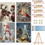 mjcakrn 4 Pack Christmas Paint by Numbers for Adults with Framed Easel, Santa Claus Paint by Number for Adults on Canvas, Snowman Cardinal Acrylic Oil Painting Kits for Home Wall Decor (8x12 inch) - Image 2