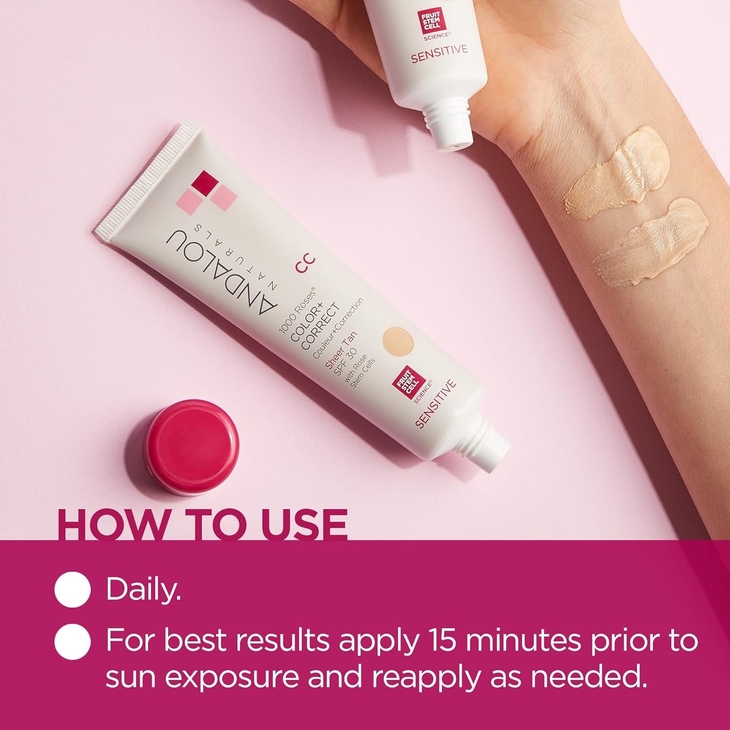 Andalou Naturals 1000 Roses CC Color + Correct with SPF 30, Sheer Tan, 2-in-1 Face Sunscreen + CC Cream for Sensitive Skin, Helps Correct Uneven Skin Tone, Reef Safe Sunscreen, 2 Fl Oz - Image 4