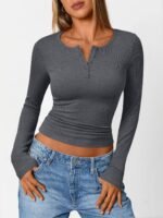 Trendy Queen Womens Long Sleeve Shirts 2025 Henley Casual Fall Outfits Fitted Tops Ribbed Fashion Basic Tees - Image 3