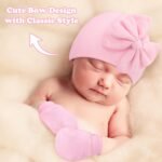Sarfel 4 Pack Baby Hats 0-6 Months Newborn Hats for Girls with Bow Infant Hat Newborn Beanie Baby Hat and Mitten Set Cotton - Image 3