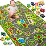 JOYIN Kids Play Rugs - 12 Pull-Back Vehicle Set - Durable Carpet Playmat Rug - City Pretending Play - Toddler Car Track Rug - Image 2