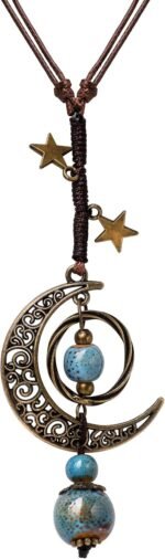 MINACHI Vintage Bohemian Hippie Ceramic Beads Crescent Moon Lariat Necklace, Boho Hippie Statement Jewelry Gift for Women - Image 2