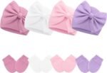 Sarfel 4 Pack Baby Hats 0-6 Months Newborn Hats for Girls with Bow Infant Hat Newborn Beanie Baby Hat and Mitten Set Cotton - Image 2