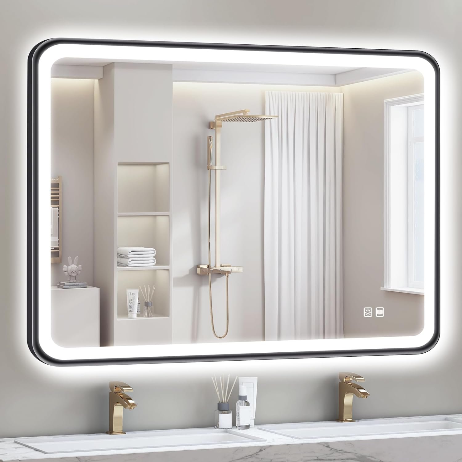 S'bagno 40X28 Black LED Mirror for Bathroom with Frontlit & Backlit, LED Bathroom Mirror with Metal Frame, Anti-Fog, Stepless Dimmable, 3 Colors Temperature LED Vanity Mirror(Horizontal/Vertical) - Image 2