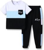 Size 6-12 Years Boys Fashion Clothes Spring Summer Short Sleeve Top & Pants Color Block Clothing Sets - Image 2